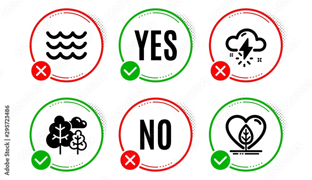 Poster thunderstorm weather, waves and tree icons simple set. yes no check box. local grown sign. thunder b