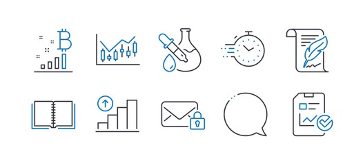 Set of Education icons, such as Timer, Feather, Graph chart, Chemistry experiment, Book, Speech bubble, Bitcoin graph, Secure mail, Financial diagram, Report checklist line icons. Vector