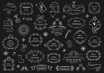 Calligraphic design elements for christmas. Decorative swirls or scrolls, vintage frames , flourishes, labels and dividers. Retro vector illustration