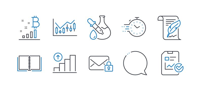 Set of Education icons, such as Timer, Feather, Graph chart, Chemistry experiment, Book, Speech bubble, Bitcoin graph, Secure mail, Financial diagram, Report checklist line icons. Vector
