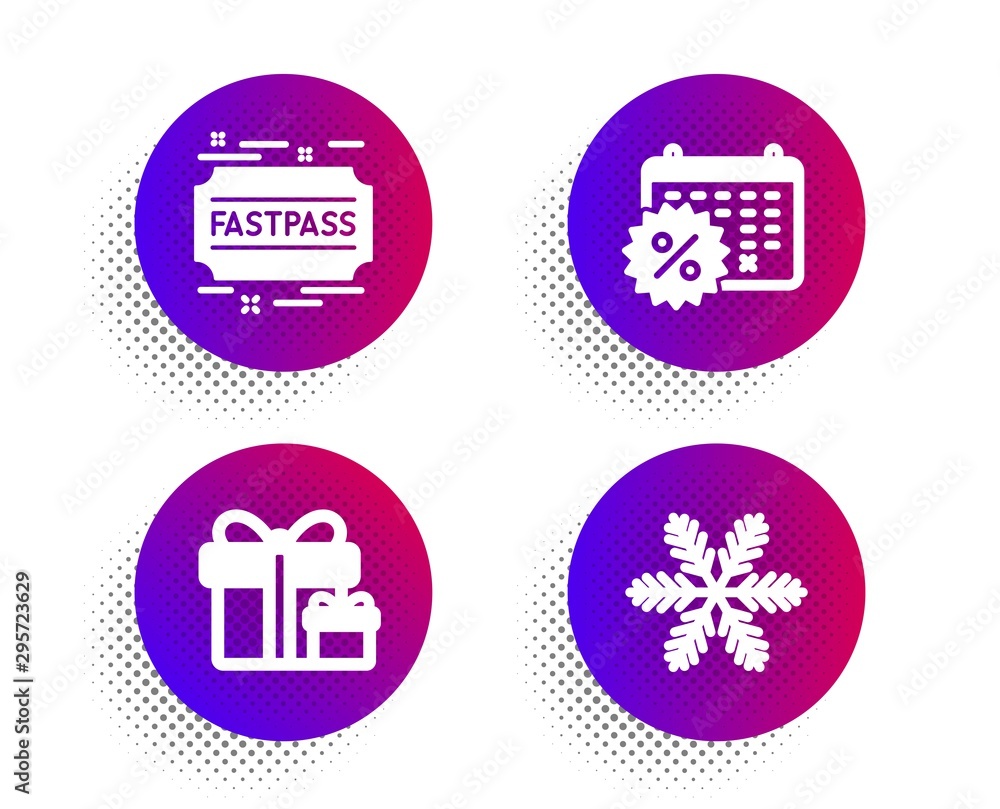 Aufkleber calendar discounts, fastpass and surprise package icons simple set. halftone dots button. snowflake 