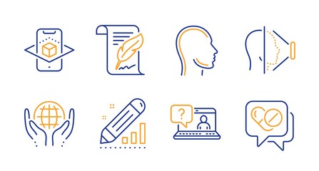 Organic tested, Head and Feather line icons set. Face id, Edit statistics and Faq signs. Augmented reality, Medical drugs symbols. Safe nature, Human profile. Science set. Vector
