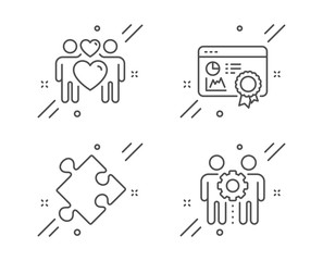Strategy, Seo certificate and Love couple line icons set. Employees teamwork sign. Puzzle, Statistics, Lovers. Collaboration. Business set. Line strategy outline icon. Vector