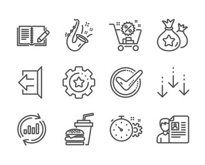 Set of Business icons, such as Settings gear, Job interview, Cogwheel timer, Shopping cart, Hamburger, Scroll down, Feedback, Sign out, Update data, Confirmed, Jazz, Loyalty points. Vector