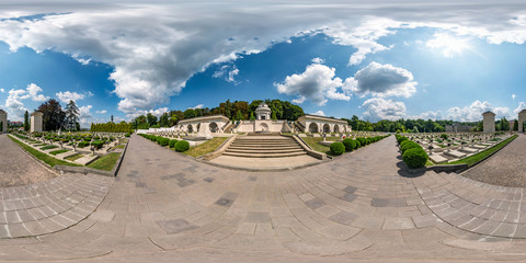 Full spherical seamless hdri panorama 360 degrees in the yard of Lychakiv cemetery in...