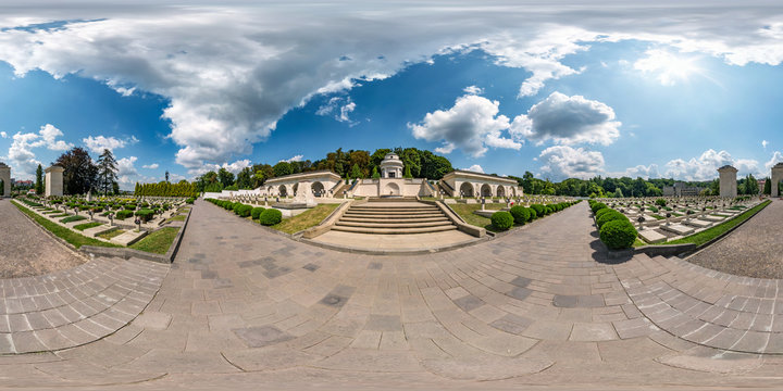 Full spherical seamless hdri panorama 360 degrees in the yard of Lychakiv cemetery in equirectangular projection with zenith and nadir, VR content with zenith