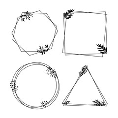Hand Drawn Collection of Geometric Frames with Florals. Vector elements for logo, invitations, card, templates