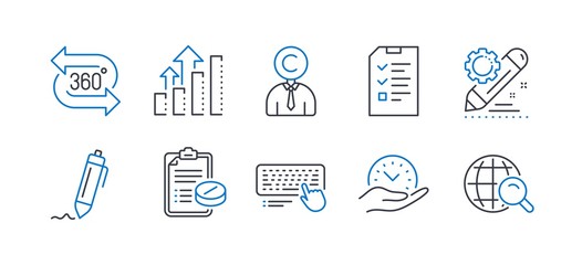 Set of Science icons, such as Analysis graph, 360 degree, Safe time, Interview, Computer keyboard, Project edit, Signature, Copyrighter, Medical prescription, Internet search line icons. Vector