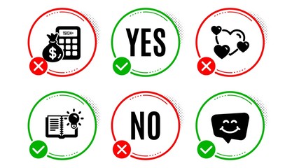 Heart, Product knowledge and Finance calculator icons simple set. Yes no check box. Smile chat sign. Love rating, Education process, Calculate money. Happy face. Technology set. Heart icon. Vector