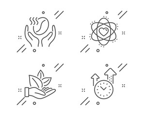 Fototapeta premium Coffee, Atom and Organic product line icons set. Time management sign. Roasted bean, Electron, Leaf. Office clock. Business set. Line coffee outline icon. Vector