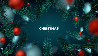 Merry Christmas red background, abstract festive banner with red balls and fir tree forest 3d vector design