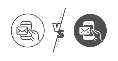 New newsletter sign. Versus concept. Messenger Mail line icon. Phone E-mail symbol. Line vs classic messenger Mail icon. Vector