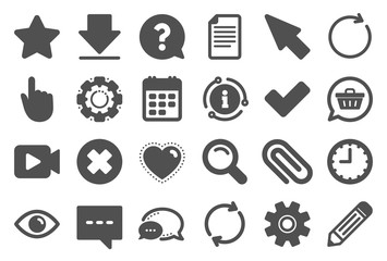 Document, Time and Calendar icons. Question, Chat and Pencil signs. Cogwheel, Download and Attach clip icons. Calendar, Magnifier and Shopping cart. Quality set. Vector