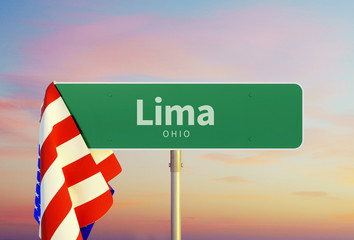 Lima – Ohio. Road or Town Sign. Flag of the united states. Sunset oder Sunrise Sky. 3d rendering