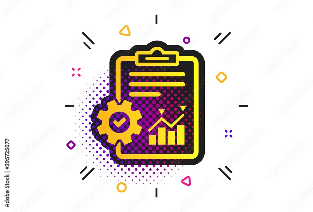 Poster project management icon. halftone dots pattern. report document with cogwheel symbol. file with char