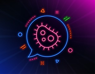 Bacteria line icon. Neon laser lights. Antibacterial sign. Dirty symbol. Glow laser speech bubble. Neon lights chat bubble. Banner badge with bacteria icon. Vector