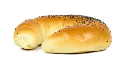 Crescent roll with poppy seeds on white background