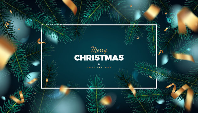 Merry Christmas red background, abstract festive banner with fir tree forest and golden serpentine 3d vector design