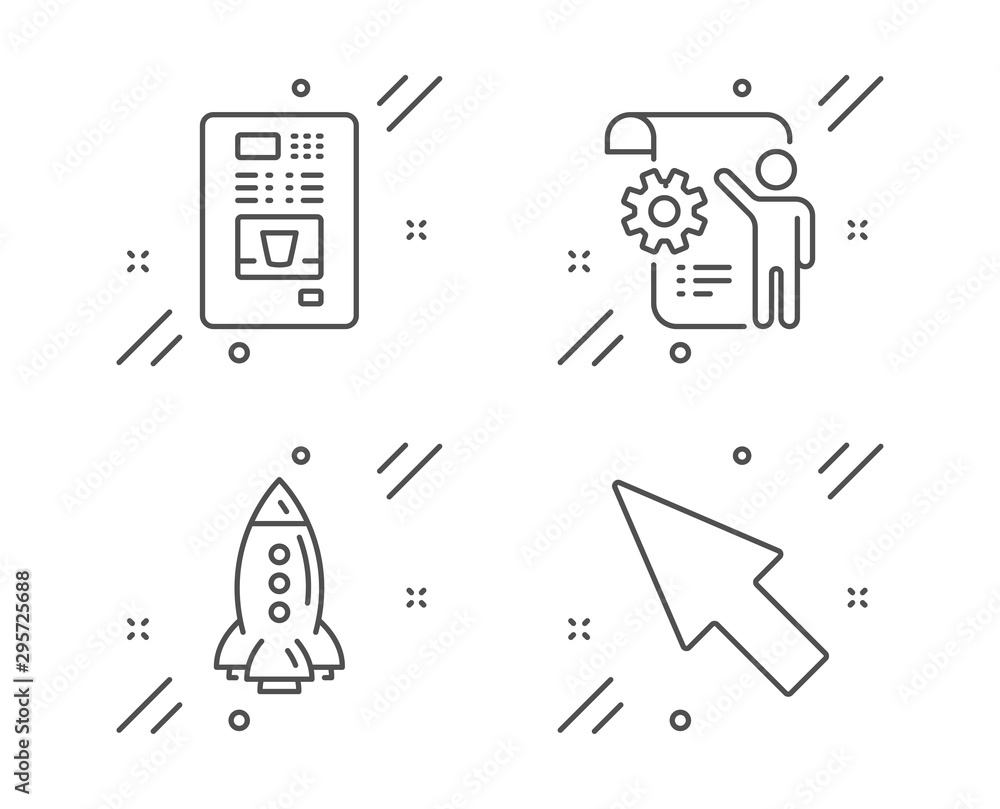Poster coffee vending, settings blueprint and rocket line icons set. mouse cursor sign. coffee vending mach