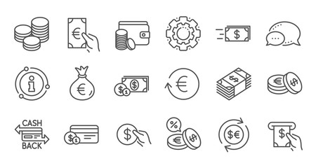 Money and payment line icons. Cash, Wallet and Coins. Account cashback linear icon set. Quality line set. Vector - obrazy, fototapety, plakaty