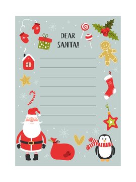 Cartoon Christmas wish christmas items. A letter to Santa Claus template. Christmas background with a place for Christmas gifts for Santa wish list. Vector illustration.