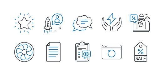 Set of Business icons, such as Travel loan, Recovery internet, Startup, Fan engine, Text message, File, Safe energy, Rank star, Eye checklist, Sale coupon line icons. Line travel loan icon. Vector