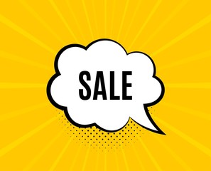 Sale symbol. Chat speech bubble. Special offer price sign. Advertising Discounts symbol. Yellow vector banner with bubble. Sale text. Chat badge. Colorful background. Vector