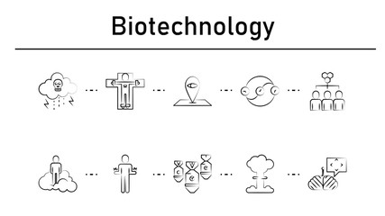 Biotechnology simple concept icons set. Contains such icons as bio weapon, human dissection, eye pin, time paradox, hive