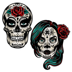 Vector hand drawn colorful illustration of Day Of The Dead Skull.Sugar skull girl. Skull sugar flower. Skull tattoo isolated on white.