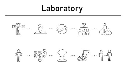 Laboratory simple concept icons set. Contains such icons as human dissection, eye pin, time paradox, hive, astral