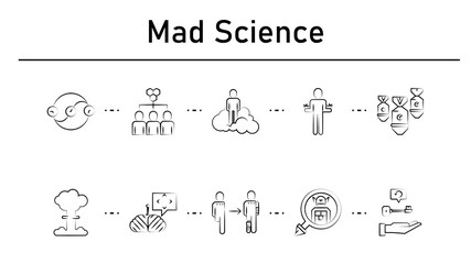 Mad science simple concept icons set. Contains such icons as time paradox, hive, astral, pyrokinesis, atomic bomb