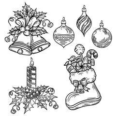 Vector hand drawn black and white set of Christmas bells with viburnum decoration, Christmas stocking full of candies, candle with viburnum and, Christmas decorations ,isolated on white background.