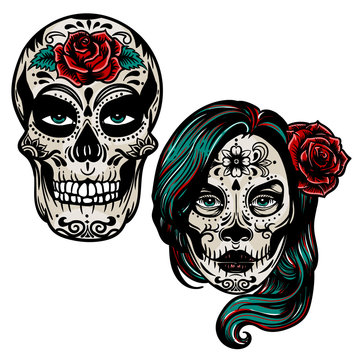 Vector hand drawn colorful illustration of Day Of The Dead Skull.Sugar skull girl. Skull sugar flower. Skull tattoo isolated on white.