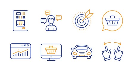 Car, Conversation messages and Shopping cart line icons set. Website statistics, Coffee vending and Web shop signs. Target purpose, Move gesture symbols. Transport, Communication. Vector