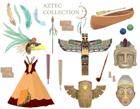 Wild west set with wigwam, shaman totem stones, canoe, cartoon illustration isolated clip art on white background. Aztec collection, Tribal set of maya