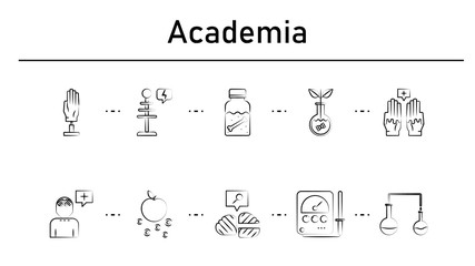 Academia simple concept icons set. Contains such icons as electronic hand , tesla coil, dipple, transgenic, psychic surgery