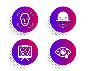 Face recognition, Vision board and Face detection icons simple set. Halftone dots button. Ð¡onjunctivitis eye sign. Faces biometrics, Eye check, Detect person. Optometry clinic. Medical set. Vector