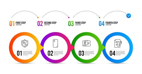 Identification card, Spanner and Smartphone cover line icons set. Timeline infographic. Approved agreement sign. Person document, Repair service, Phone. Signature document. Technology set. Vector