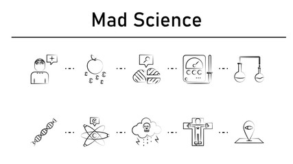 Mad science simple concept icons set. Contains such icons as psychogenesis, gravitons, neural, radionics, testing tube