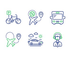 Airplane, Bicycle parking and Flight sale line icons set. Bus, Car travel and Shipping support signs. Plane, Bike park, Travel discount. Tourism transport. Transportation set. Vector