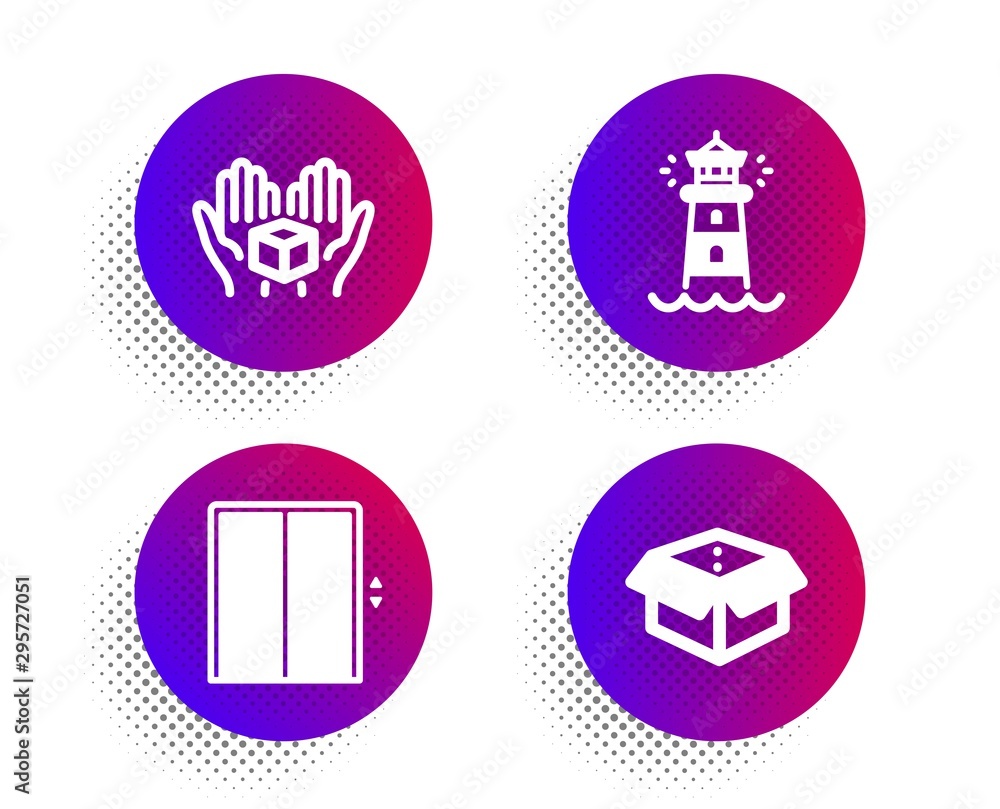 Poster lift, hold box and lighthouse icons simple set. halftone dots button. open box sign. elevator, deliv