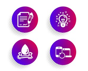 Water splash, Idea and Signing document icons simple set. Halftone dots button. Recovery devices sign. Aqua drop, Creativity, Contract. Backup data. Science set. Classic flat water splash icon. Vector