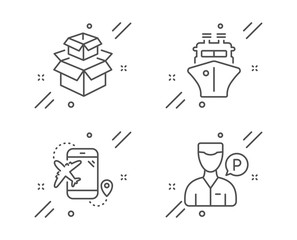 Flight destination, Ship and Packing boxes line icons set. Valet servant sign. Airplane trip, Shipping watercraft, Delivery box. Parking man. Transportation set. Vector