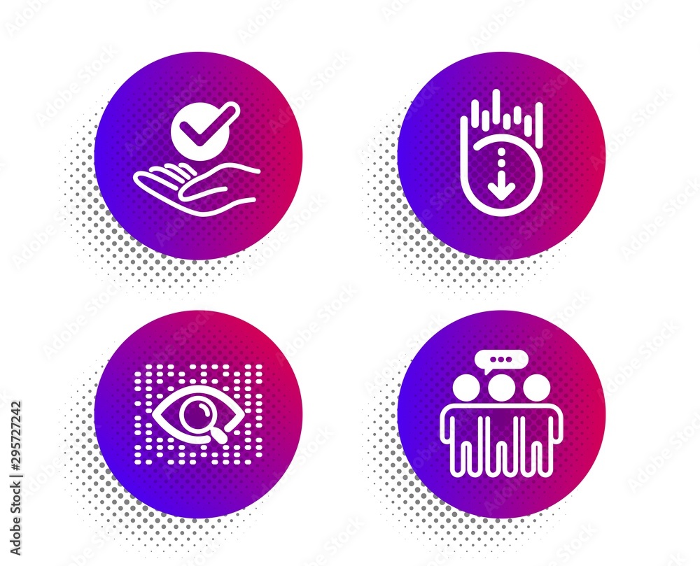 Poster artificial intelligence, approved and scroll down icons simple set. halftone dots button. employees 