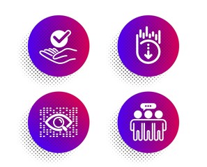 Artificial intelligence, Approved and Scroll down icons simple set. Halftone dots button. Employees group sign. Find data, Verified symbol, Swipe screen. Collaboration. Technology set. Vector