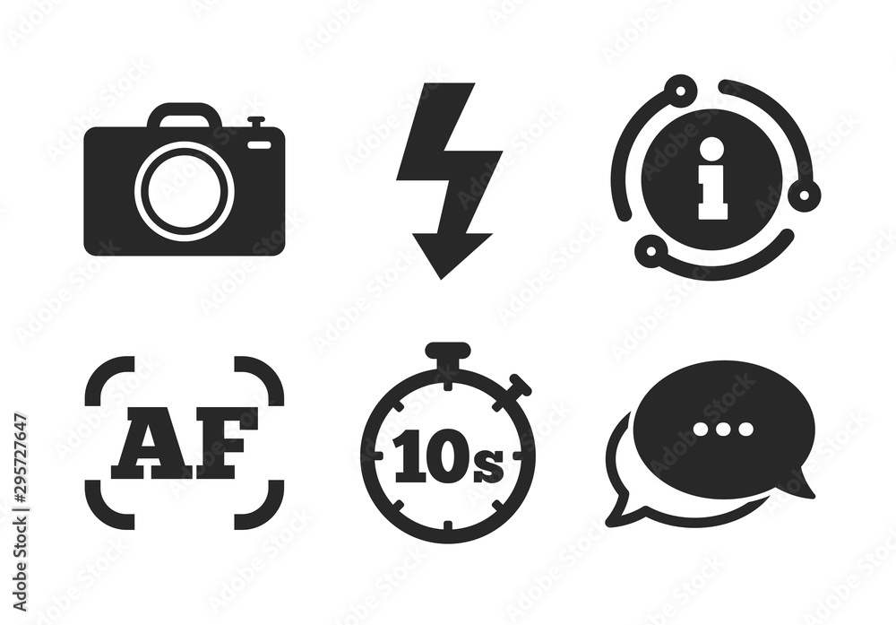 Poster flash light and autofocus af symbols. chat, info sign. photo camera icon. stopwatch timer 10 seconds