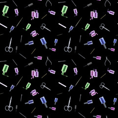 Watercolor seamless pattern with nail polish and tools. Hand drawn illustration.