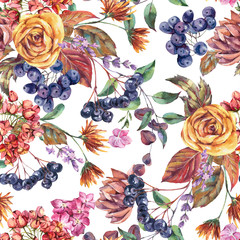 Watercolor vintage seamless pattern with chokeberry, ranunculus, autumn leaves, blue berries, lavender. Natural botanical texture