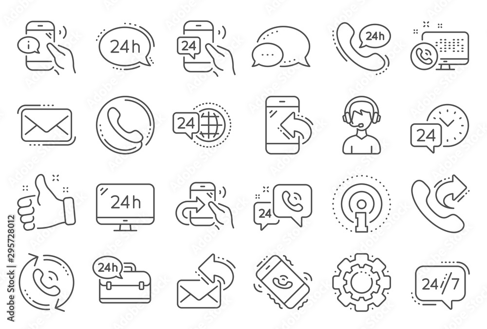 Poster processing line icons. set of callback or feedback, call support and chat message icons. 24 hour ser