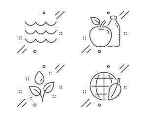 Apple, Plants watering and Waves line icons set. Environment day sign. Diet food, Water drop, Water wave. Safe world. Nature set. Line apple outline icon. Vector